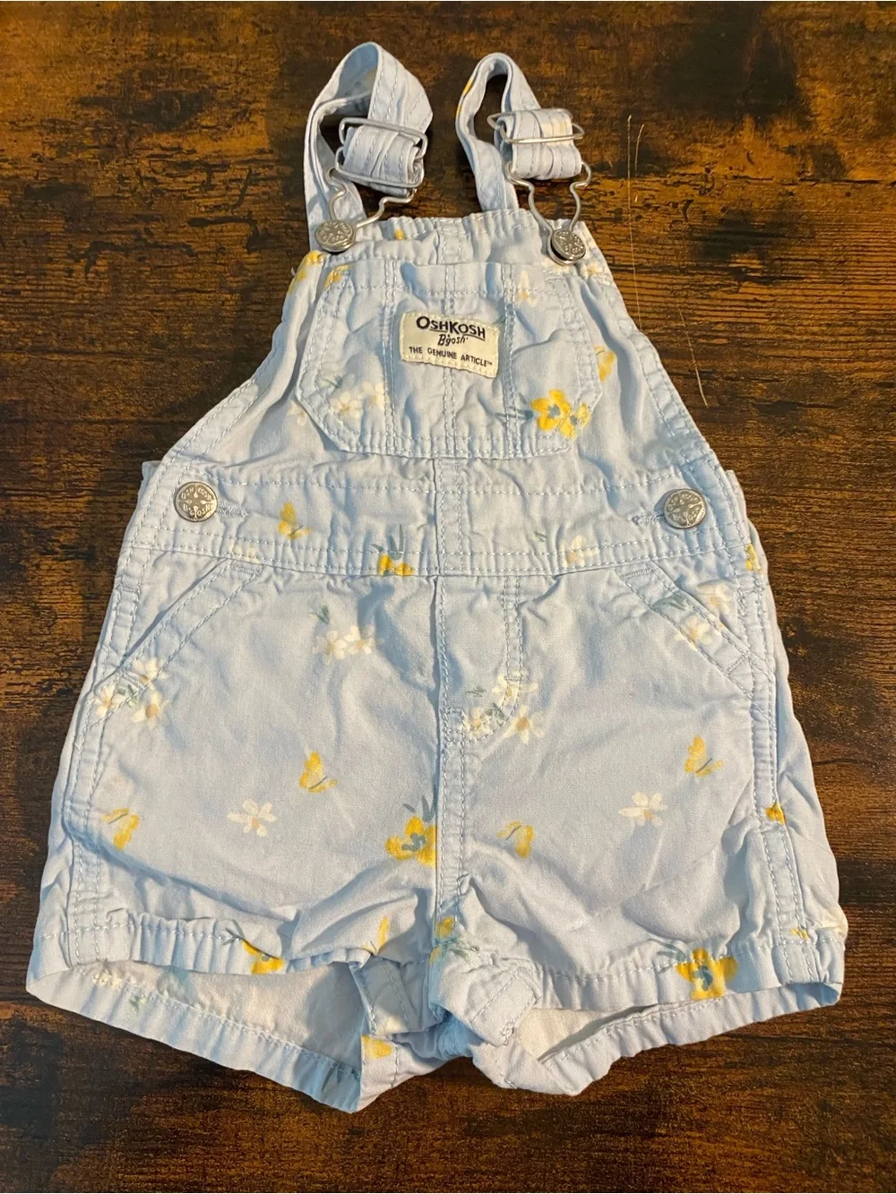 OshKosh B'gosh Light Blue Floral Short Overalls with Yellow Accents